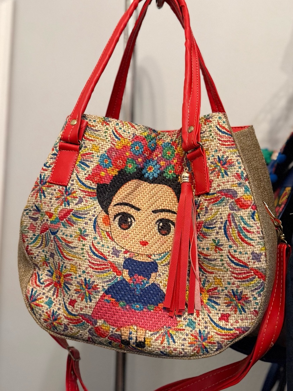 Colorful Frida-Inspired Woven Tote Bag with Red Trim
